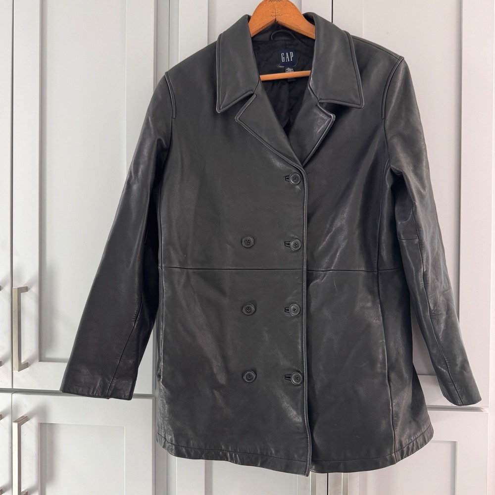 GAP Vintage Womens Black Leather Double Breasted Pea Coat Jacket Large 90s Y2K‎